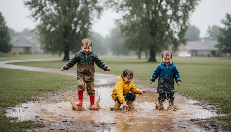 Illustration of rain: Water droplets falling from clouds to the ground.