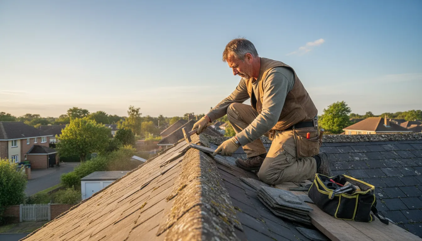 Ilustração de slater: a person who covers roofs with flat stone tiles