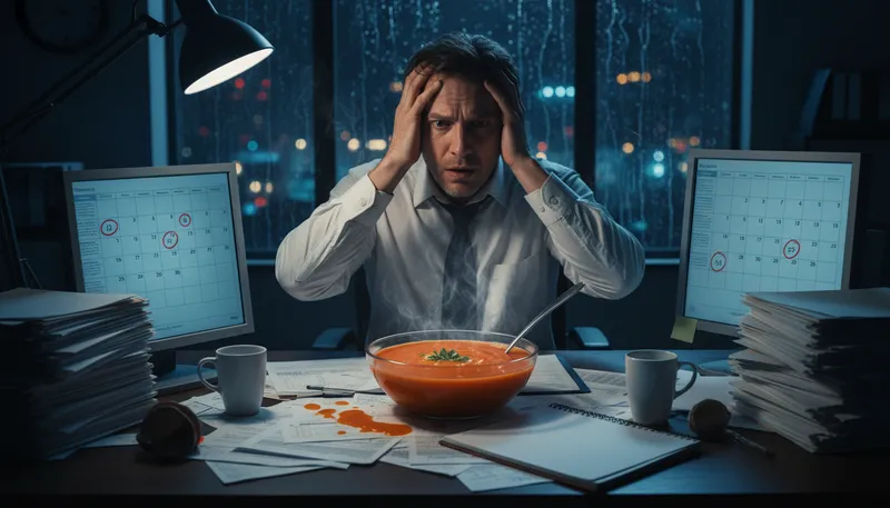 Illustration of in the soup: in trouble or a difficult situation.