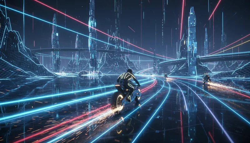 Illustration of tron: A fictional character or digital world in film.