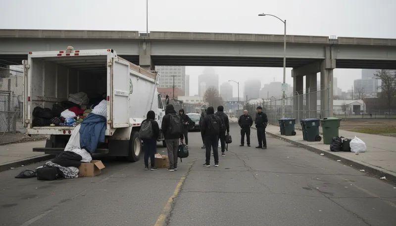 Illustration of homeless dumping: illegally leaving homeless people in places.