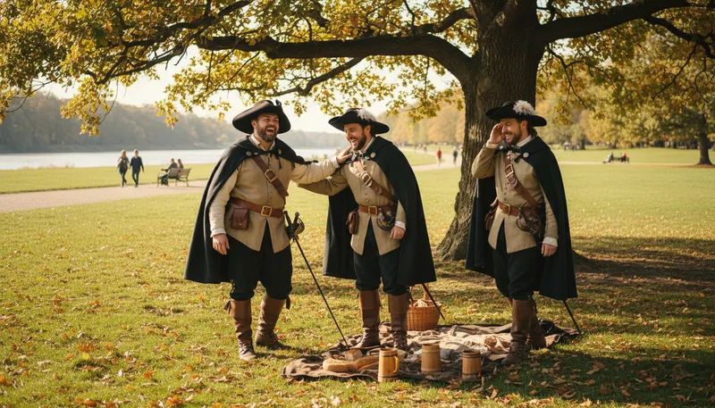 Illustration of three musketeers: a close group of three friends.