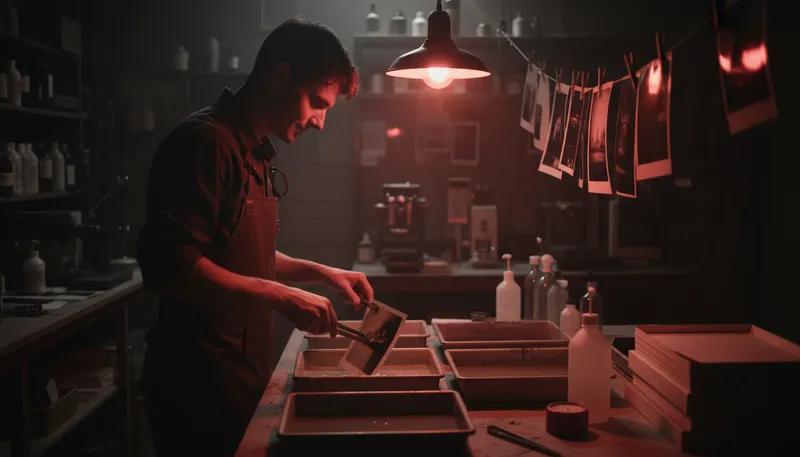 Illustration of darkroom: A room used for developing photographs in darkness.