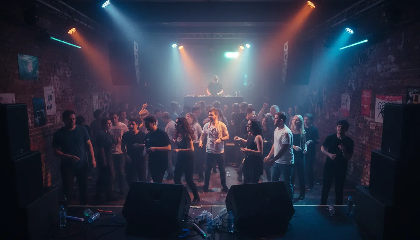 Ilustración de DNB: A genre of fast electronic music with heavy bass.