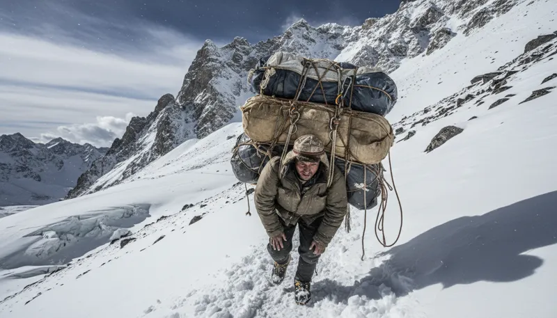Illustration of sherpa: A person from the Himalayas who guides climbers.