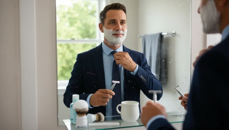 Illustration of shaving: The act of removing facial or body hair.