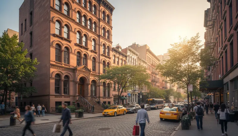 Illustration of brownstone: A type of building made from brown sandstone.