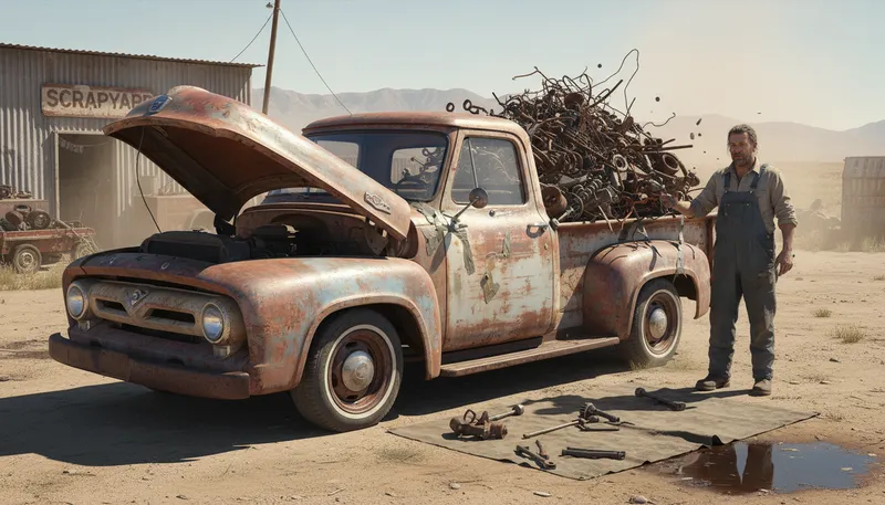 Illustration of bucket of bolts: An old or unreliable vehicle.