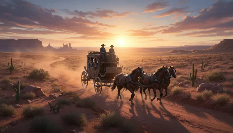 Illustration of stagecoach: A horse-drawn vehicle used for public transport.