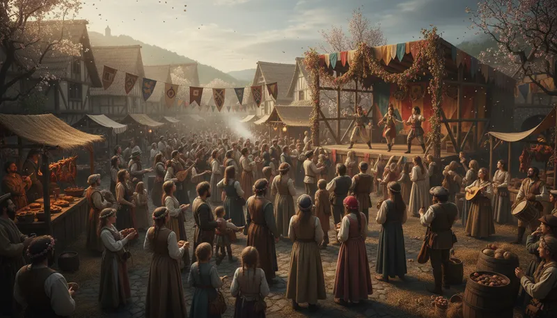 Illustration of townsfolk: People living in a town.