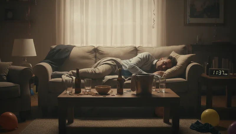 Illustration of sleep off: Recover from intoxication by sleeping.