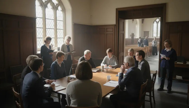 Illustration of vestry: A room for church activities and meetings.