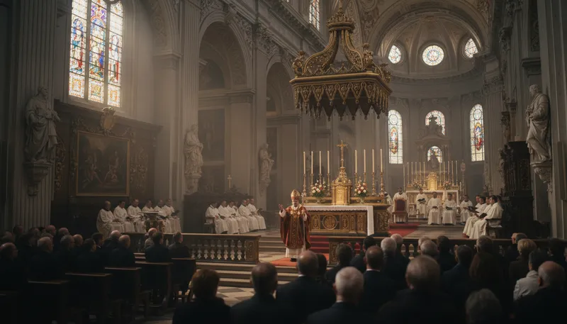 Illustration of pontifical: Relating to a bishop or pope.