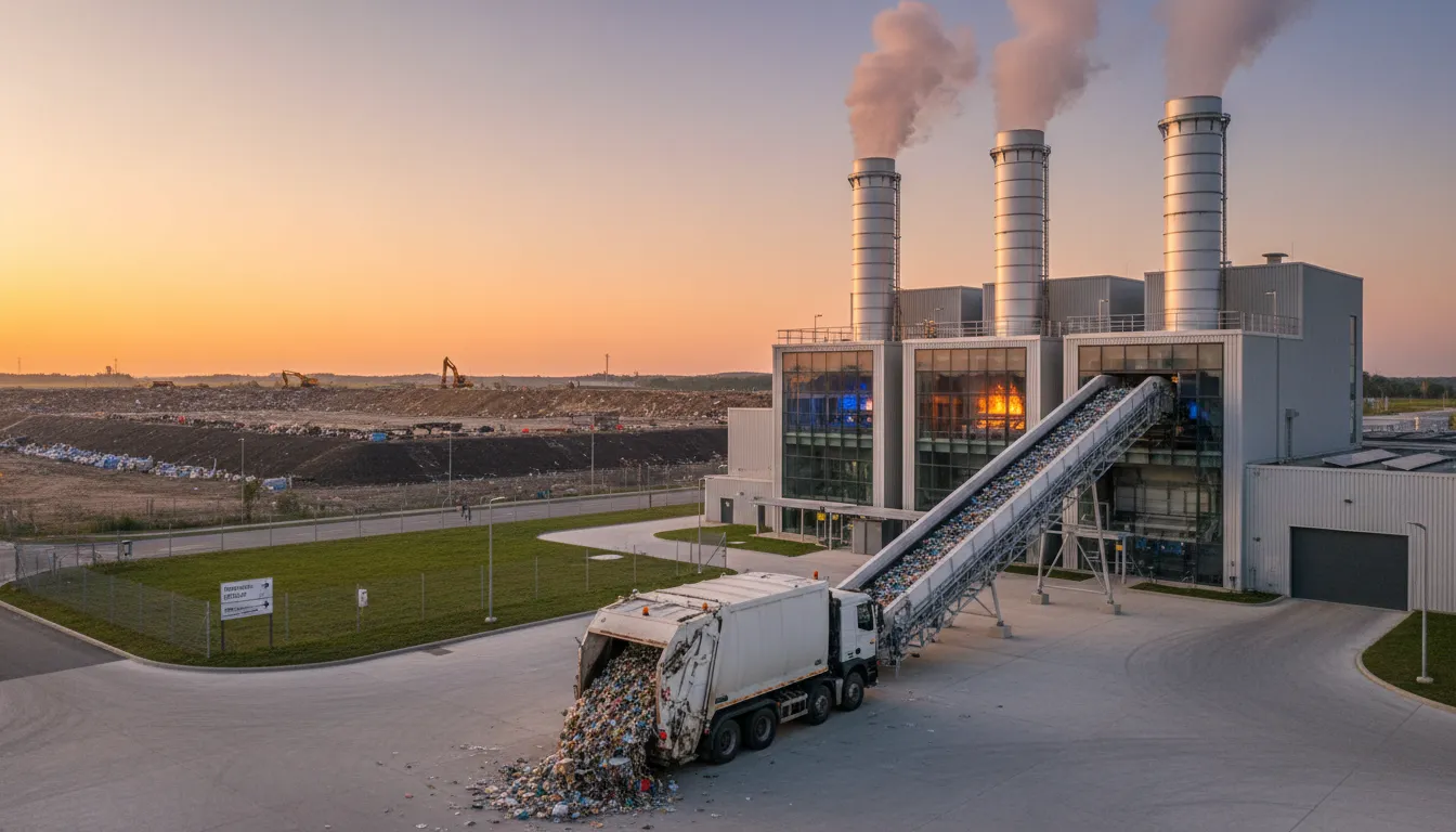 Illustration of incineration: The process of destroying waste or other material by burning it.