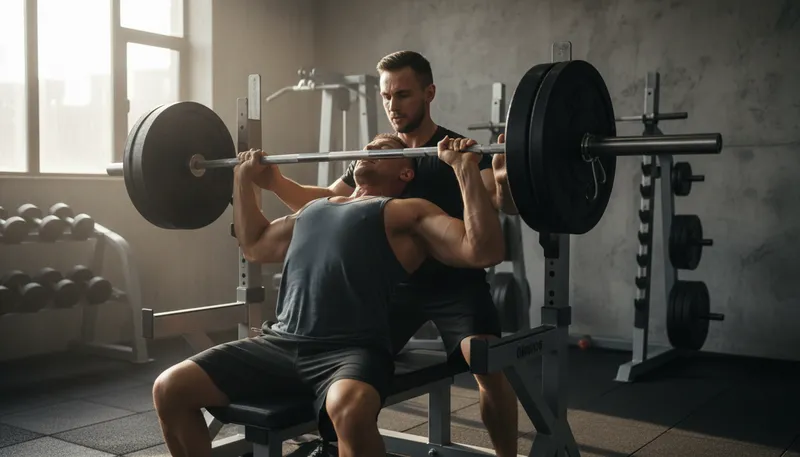 Illustration of spotter: an assistant in weightlifting for safety