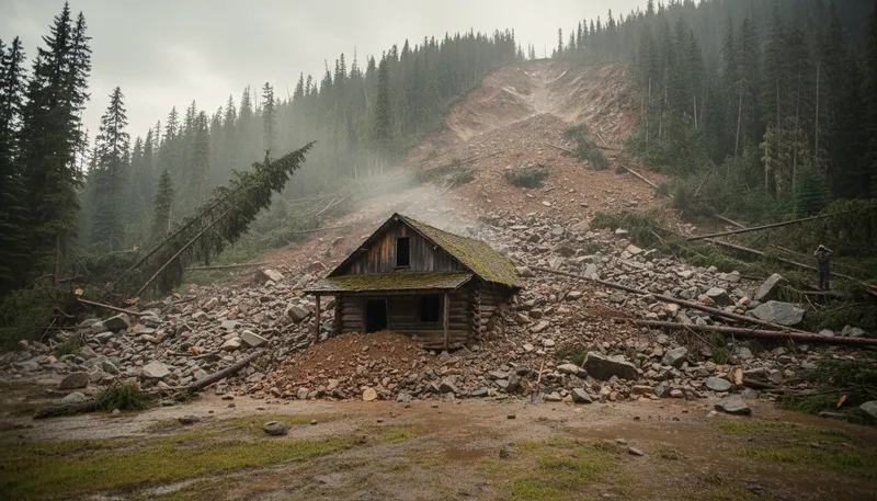 Illustration of landslide: A sudden fall of rocks or earth down a slope.