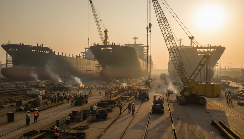 Illustration of shipyard: A place where ships are built or repaired.