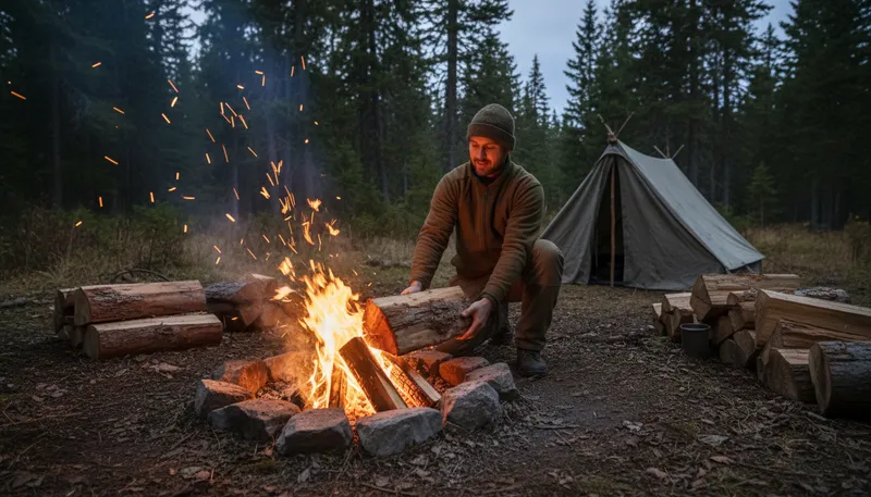 Illustration of put some timber on: Add logs or wood to a fire.