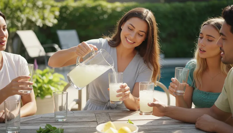 Illustration of lemonade: A drink made from lemons, sugar, and water.