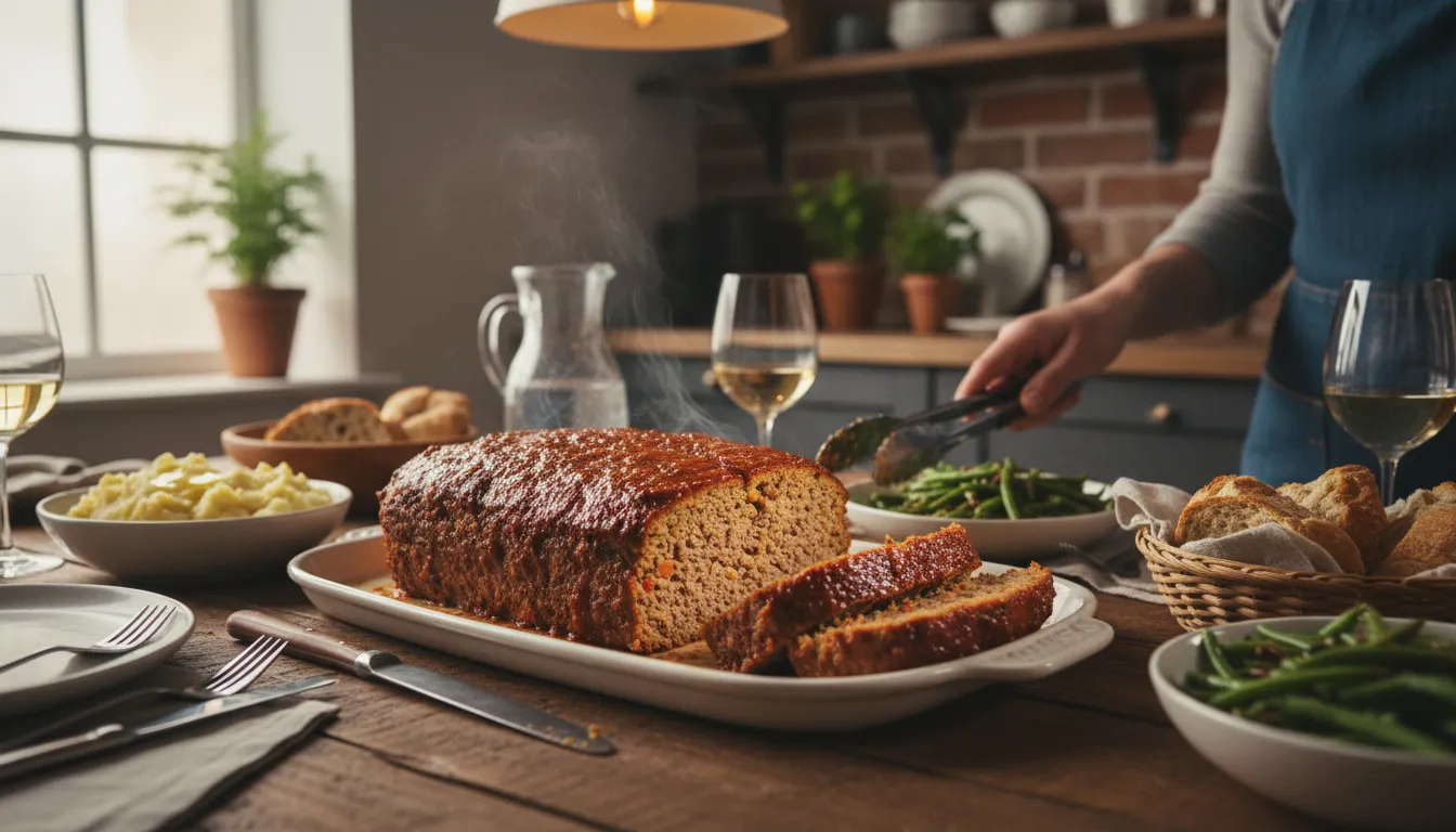 meatloaf 的插圖：a baked dish of seasoned ground beef