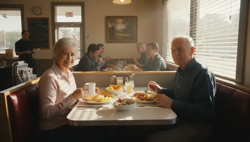 Illustration of diner: A small, casual restaurant, often open late.