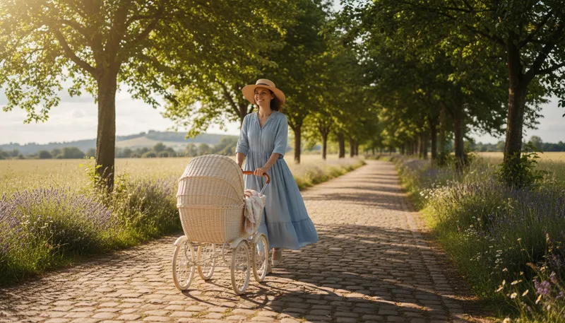Illustration of pram: a small wheeled vehicle for babies.