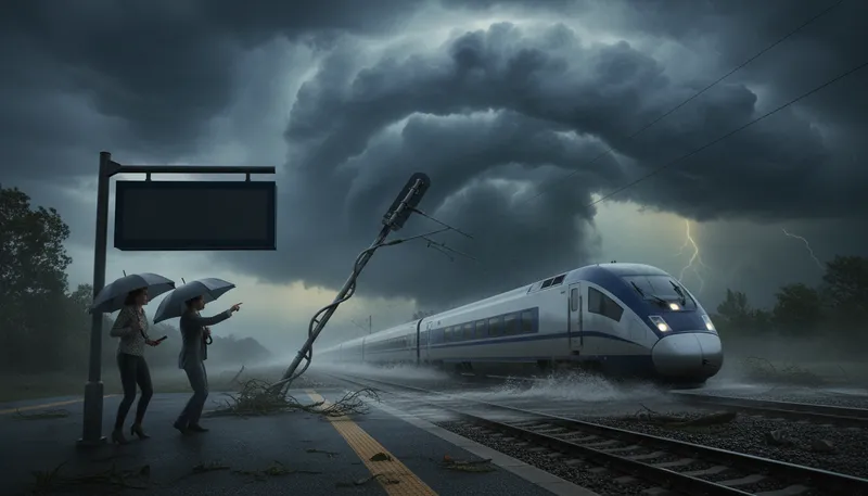 Illustration of derail: To cause a train to leave its track.