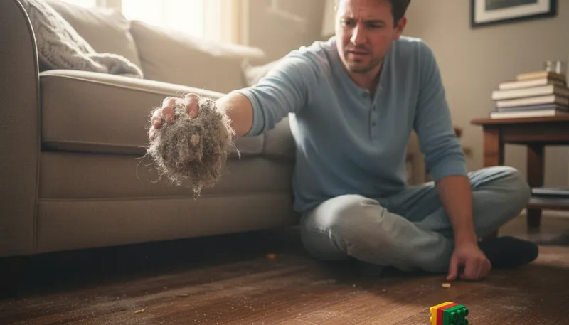 Illustration of dust mouse: A small bundle of dust and lint.