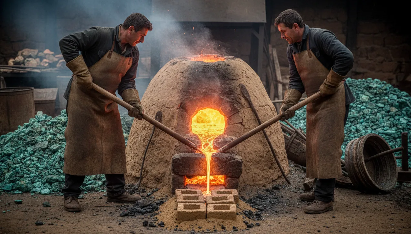 Иллюстрация smelt: To extract metal from ore by heating.