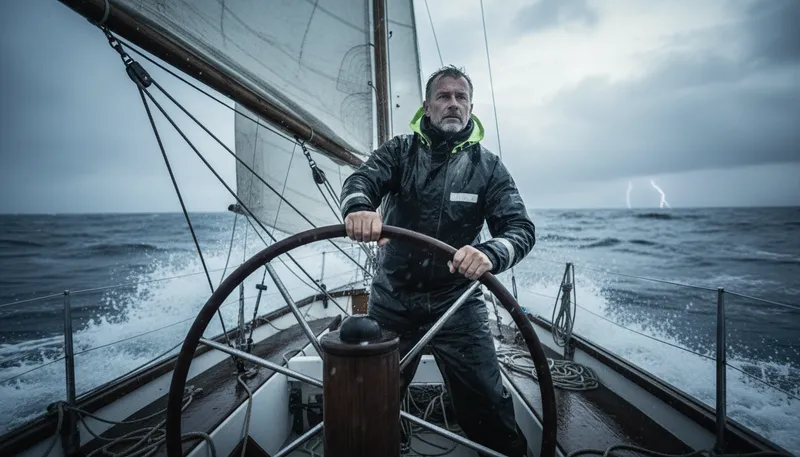 Illustration of steady hand on the tiller: A calm leader guiding through challenges.