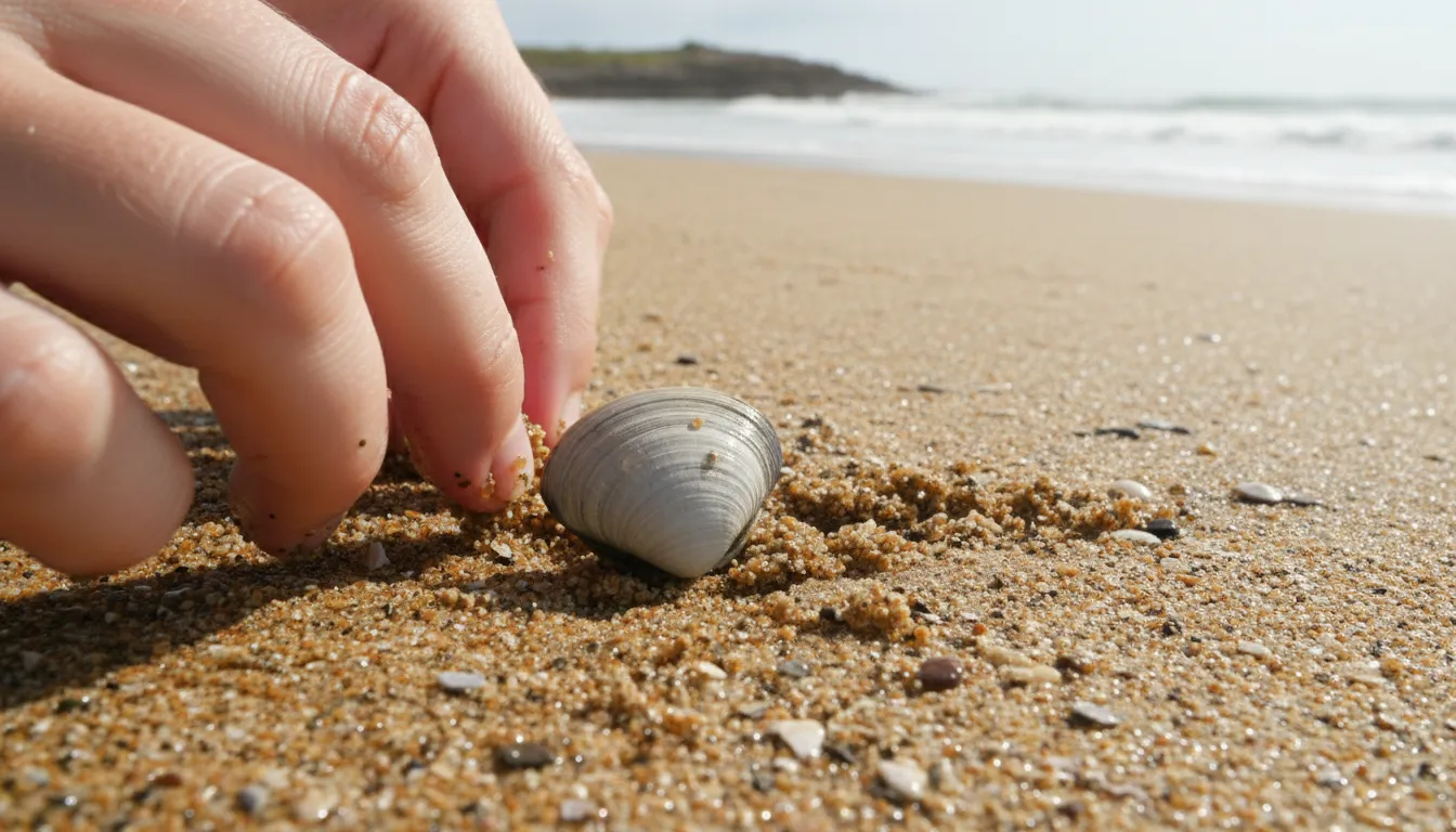clam 的插圖：a sea creature with two shells that lives in sand