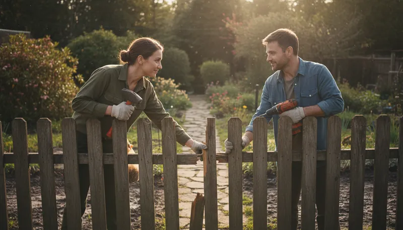 Illustration of mend fences: Repair relationships or resolve conflicts.