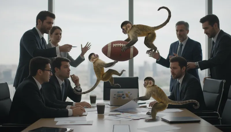 Illustration of monkeys humping a football: Chaos or confusion in a situation.