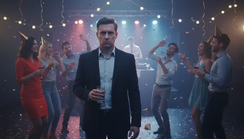 Illustration of no fun at parties: someone who doesn't enjoy social events