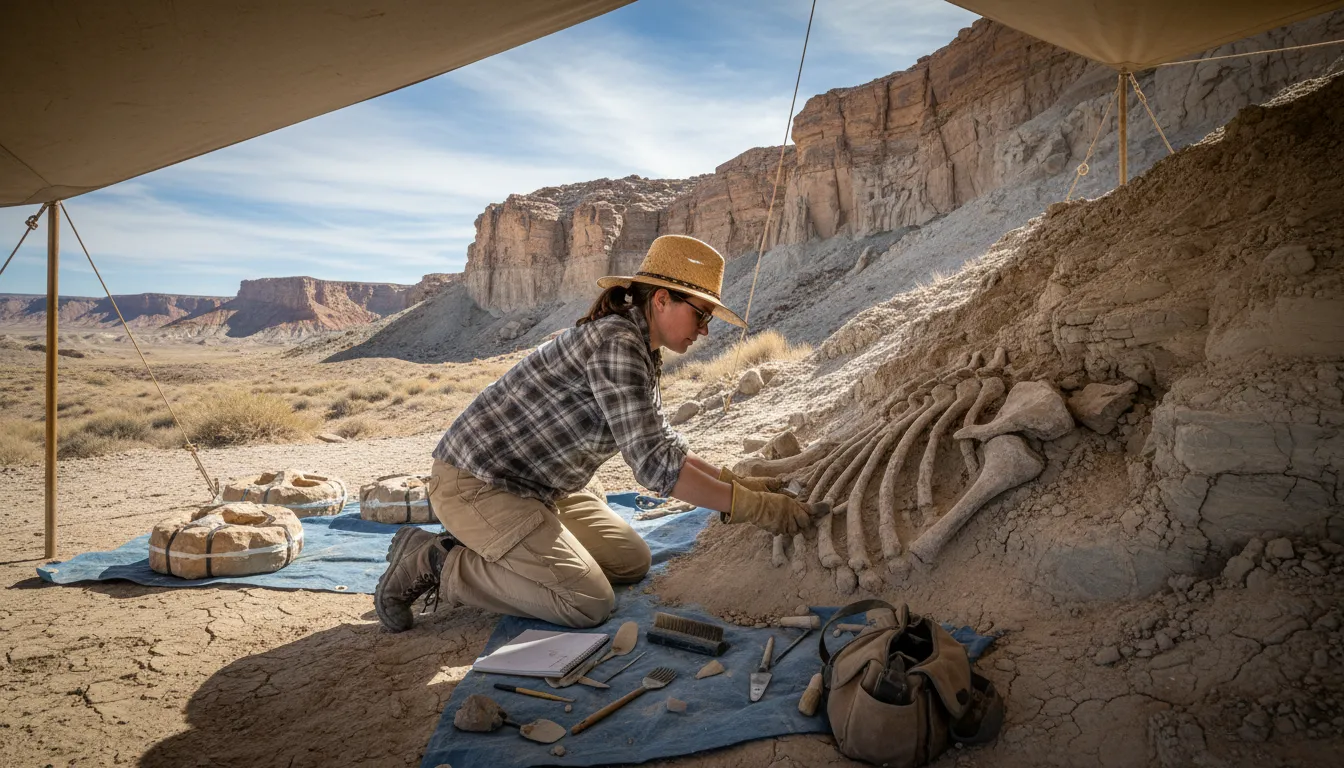 Illustration of paleontologist: A scientist who studies fossils to learn about ancient life.