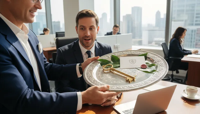 Illustration of on a silver platter: Given something easily, without effort.