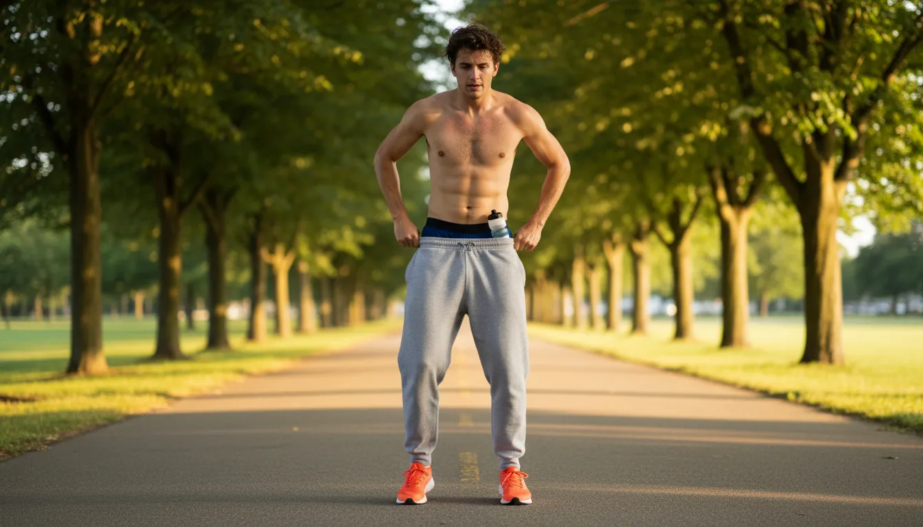 Ilustración de pull up your pants: to lift falling trousers back up to the waist