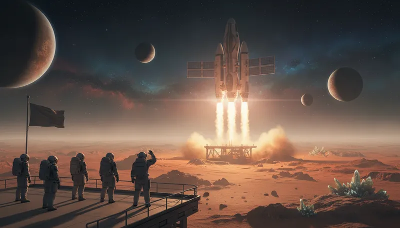 Illustration of interplanetary: Relating to or occurring between planets.