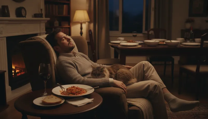 Illustration of on a full stomach: after eating enough food; feeling satisfied.