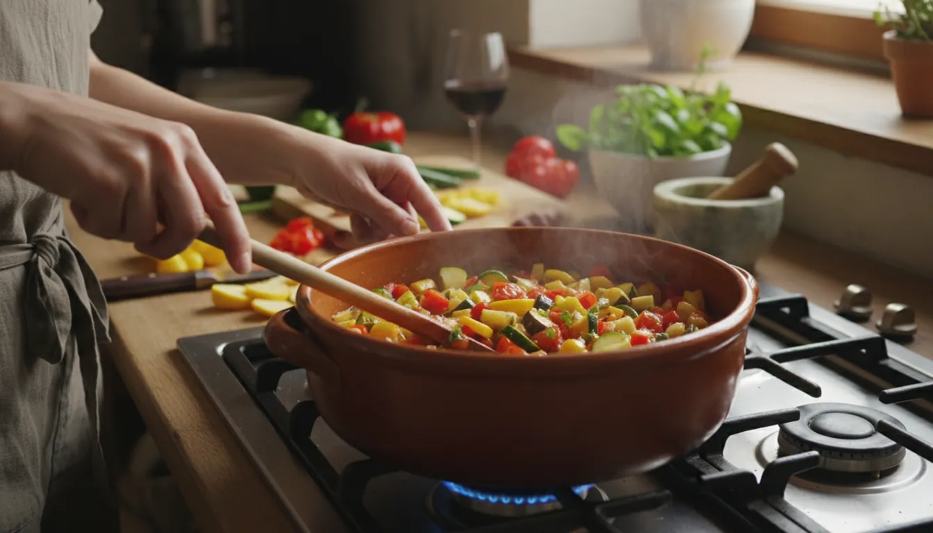 Illustration of ratatouille: a vegetable stew with various ingredients cooked together