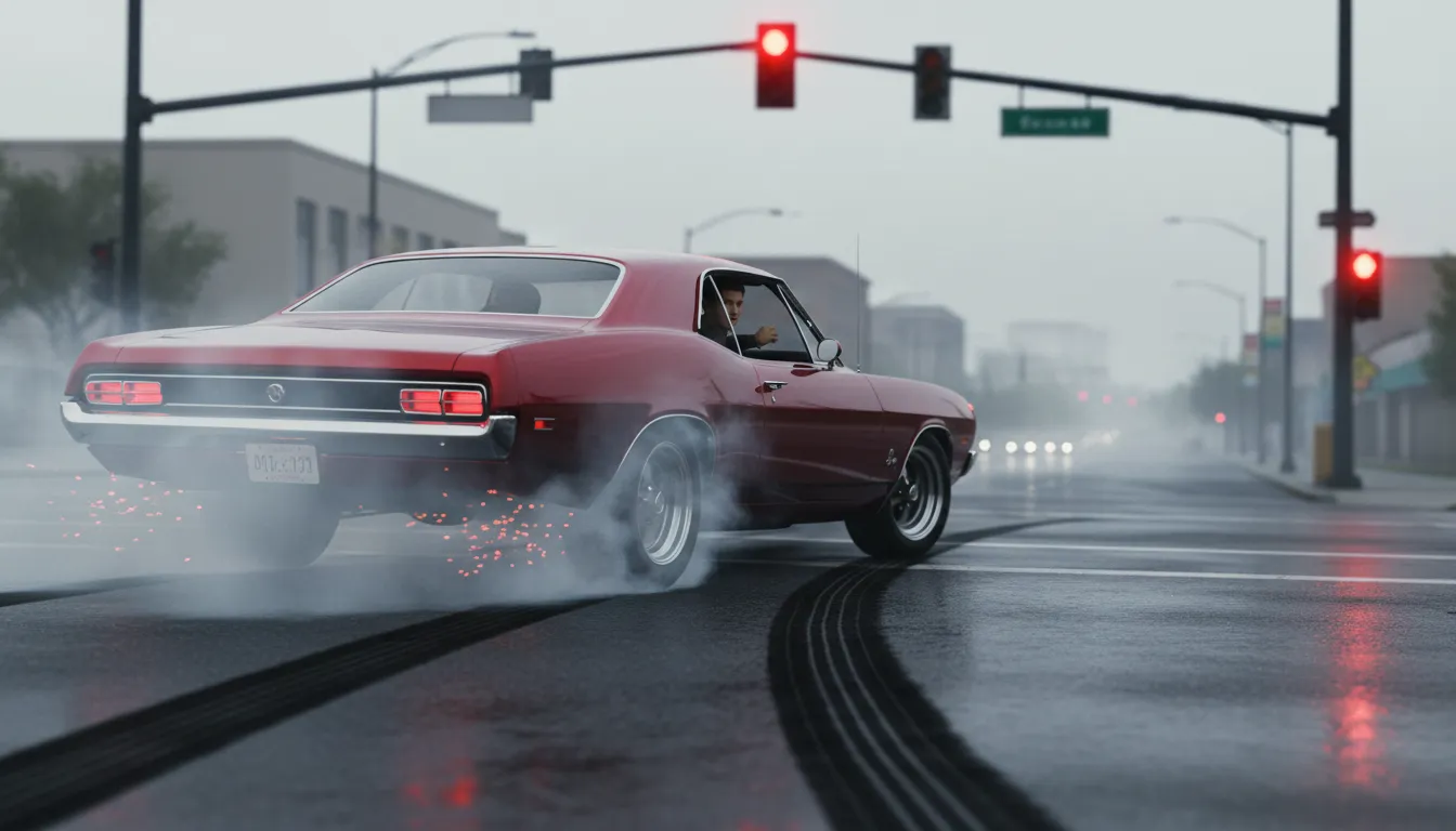 Illustrazione di burn rubber: accelerate a vehicle quickly, leaving tire marks.