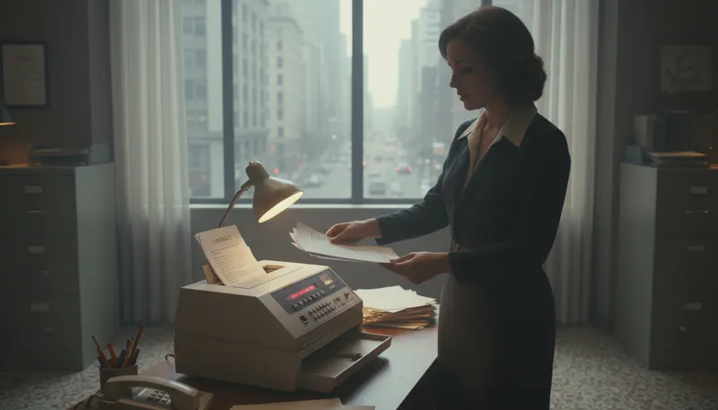 Illustration of fax: A machine that sends documents over phone lines.
