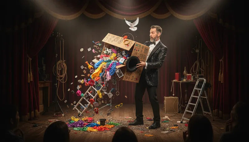 Illustration of whole box of tricks: A variety of clever methods or skills.