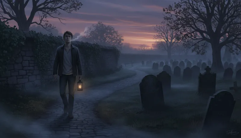 Illustration of whistle past the graveyard: To act cheerful in a frightening situation.