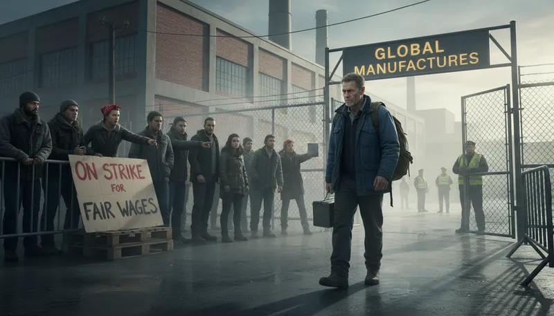 Illustration of scab: a person who works during a labor strike