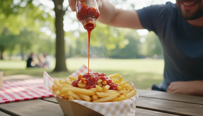 Illustration of marry the ketchup: To combine or mix well with ketchup.