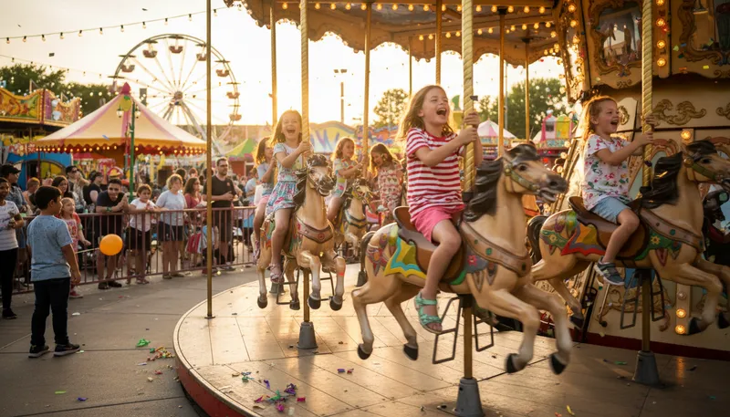 Illustration of carousel: A rotating amusement ride with seats.