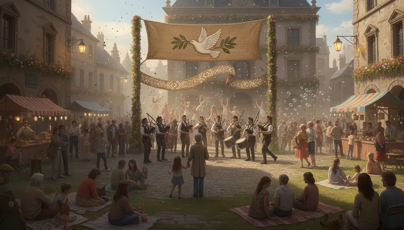 Illustration of piping times of peace: Happy times during peace and prosperity.