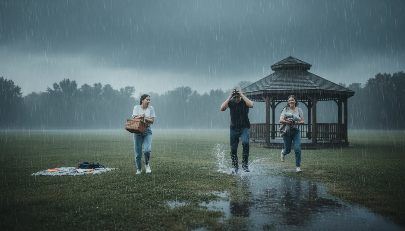 Ilustrasi the heavens open: rain begins suddenly and heavily.