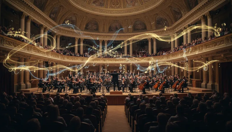 Illustration of symphony: a long musical composition for an orchestra.